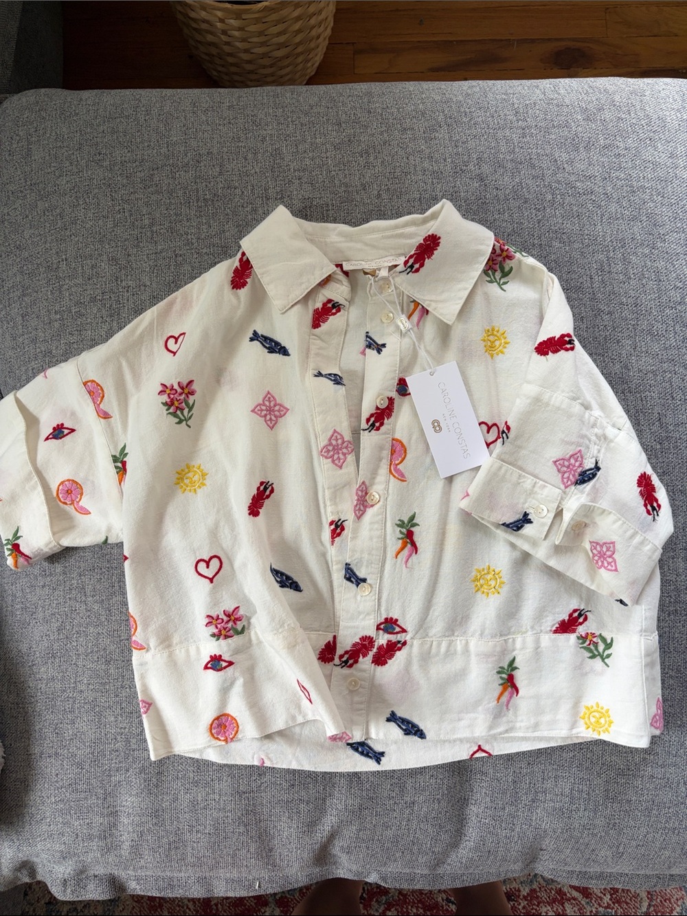 Caroline Constas Cream Short-Sleeve Embroidered Button-Up Top